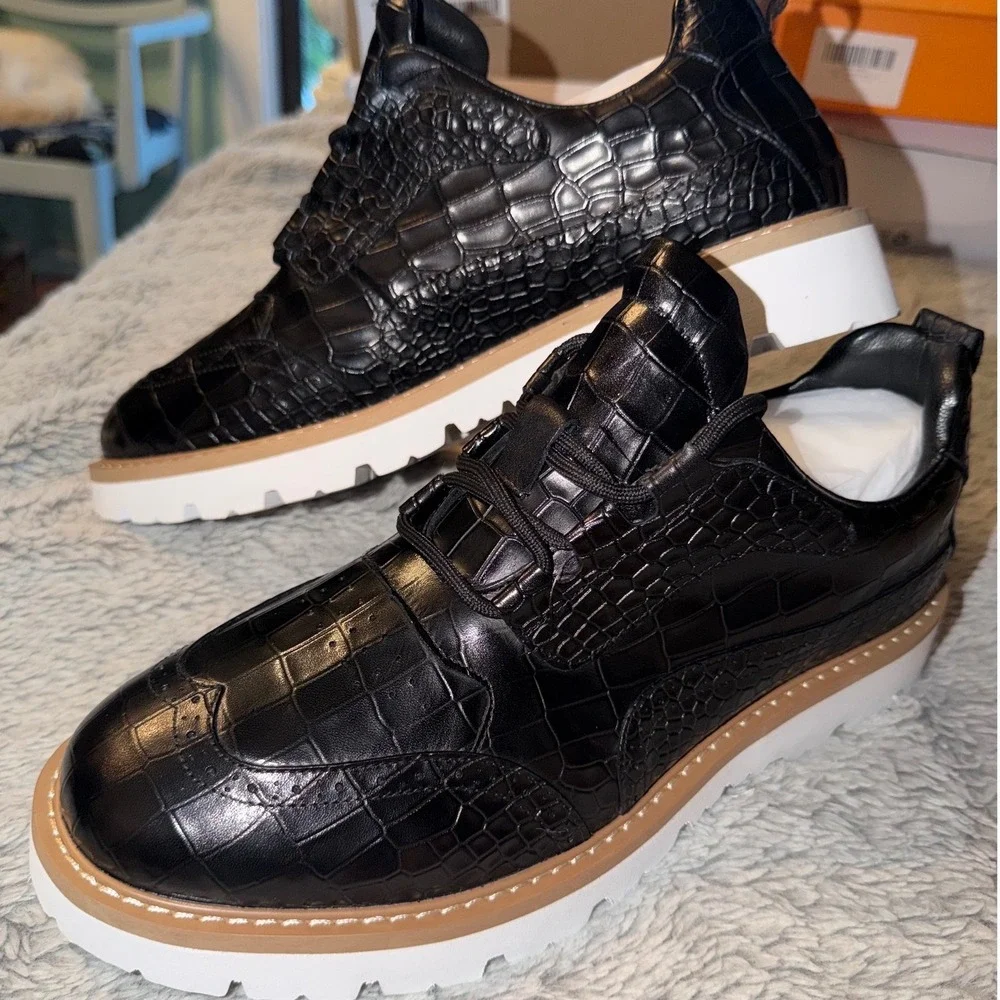 Mens Black Crocodile Embossed Wingtip Brogue Lug Sole Dress Shoes 9.5 60818